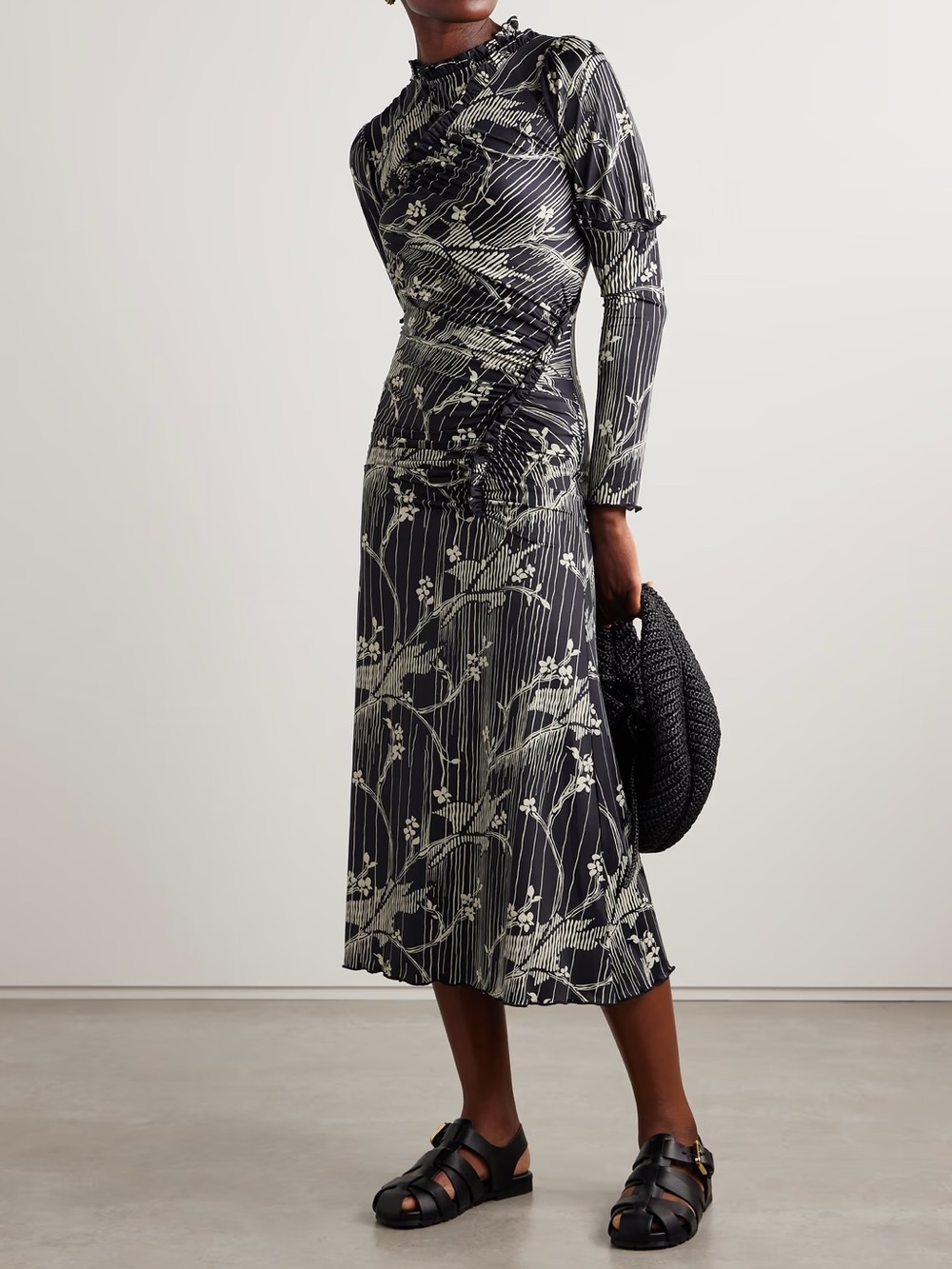 SEA NY Sunniva Ruched Ruffled Printed Stretch Jersey Midi Dress Size S